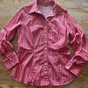 EYE red ruched/pleat sleeve stripe stretch shirt/66% cotton/10